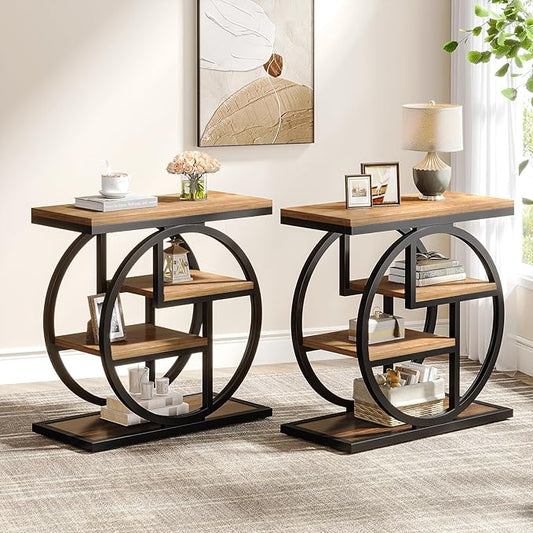 Tribesigns End Table Set of 2, 4-Tier Narrow Side Table with Storage Shelves, Wood Small Sofa Side Table with Geometric Metal Frame, Industrial Bedside Table for Bedroom, Living Room, Natural Brown