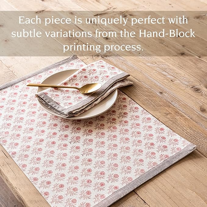 Over&Back Set of 4 Hand-Blocked Placemats - Colorful Dining Table Mat - Each Placemat is Unique - 100% Cotton - Machine Washable - Kitchen and Home Decor - Pink Blossom