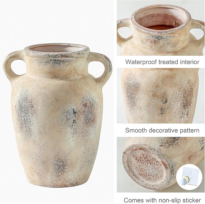 Farmhouse Ceramic Vase with Handle,9.7 inch Handcrafted Vintage Terracotta Pottery Vases for Shelf Decor, Coffee Table Styling, or Bedroom Accent