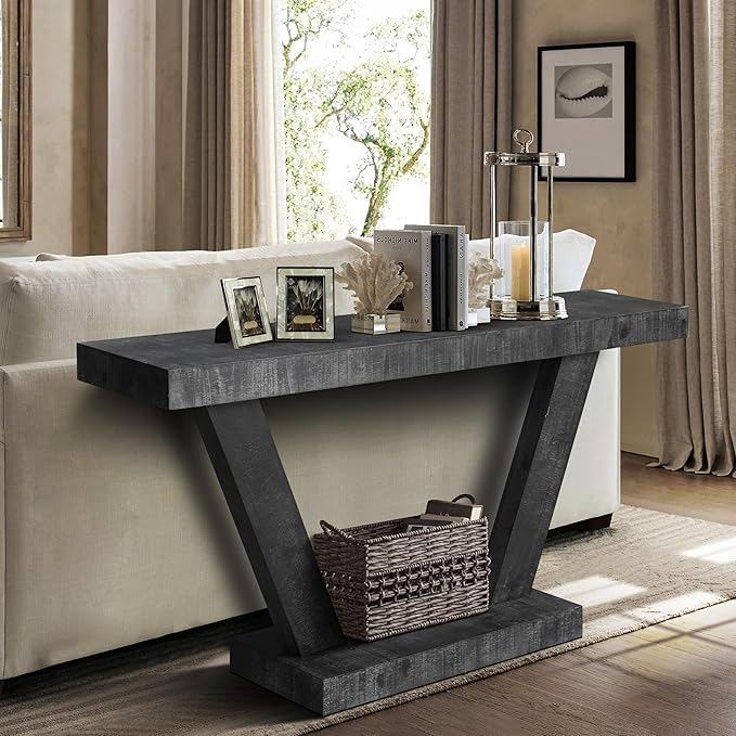 60" Wood Console Table for Entryway Bench with 2-Tier Veneer Storage Cabinet, Rustic Wide Design for Hallway, Living Room & Behind Sofa,Antique Black