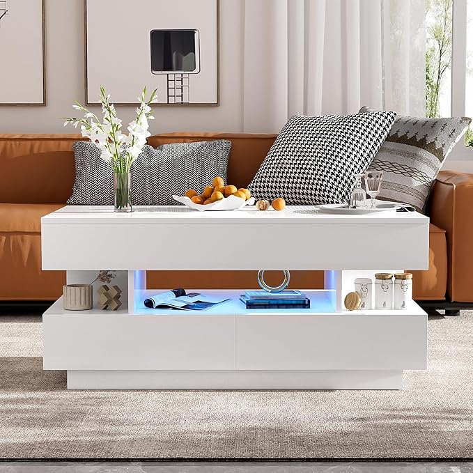 Lift Top Coffee Table with 2 Drawers and LED Lights, Modern 39.3" Rectangular High-Gloss Center Table Cocktail Tea Table with Lift-Top and Hidden Space for Living Room Apartment White