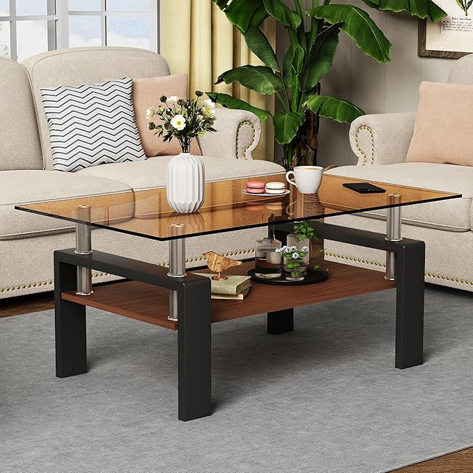 Modern Coffee Table with Tempered Glass Top, MDF Shelf and Metal Legs, Two-Tier Living Room Table, Sturdy Coffee Table for Small Spaces, Lounge, or Office (Brown+Black)
