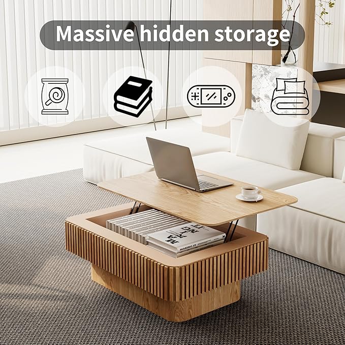 38.6'' Lift Top Fluted Coffee Table with Hidden Compartment, Modern Rectangular Wooden Center Table Cocktail Tea Table with Storage and Adjustable Height for Living Room Apartment,Natural