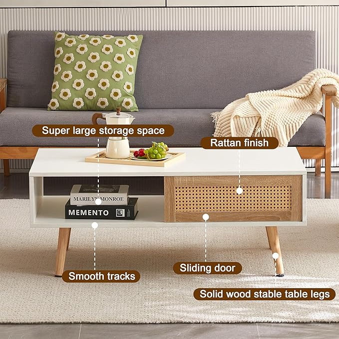 IANIYA 40.34" Boho Coffee Table, Rectangle Wooden Accent Center Tables, Living Room Table with Sliding PE Rattan & Solid Legs for Living Room, Apartment Small Space (White)