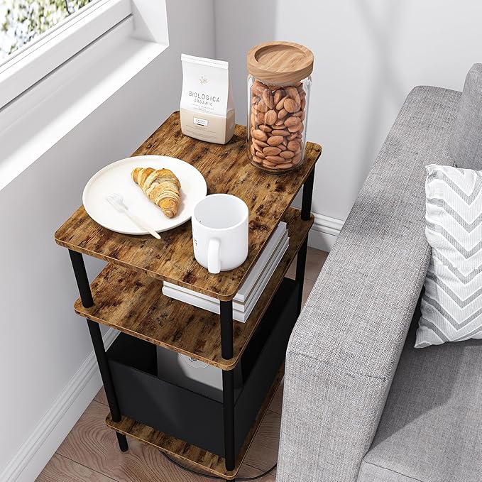 Small Side Table with Charging Station, End Table for Small Spaces, Slim Nightstand with Outlet,Sofa Beside Table, 3-Tier Storage Shelf,Living Room, Bed Room, Rustic Brown