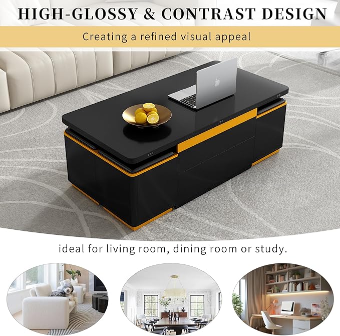 Lift Top Coffee Table with 4 Storage Stools and Foldable Top, Modern 47.2'' Rectangular Multi-Functional Adjustable Dining Table Task Table with Hidden Compartment for Living Room,Black