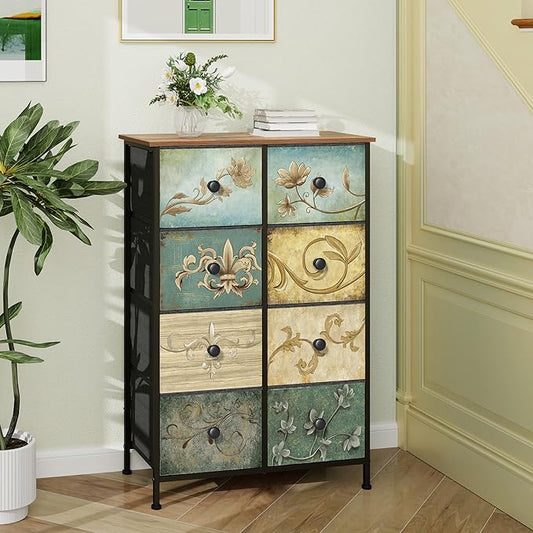 Tohomeor Narrow Storage Dresser Slim Dresser with Retro Flowers Fabric Drawers Vertical Skinny Cabinet for Small Spaces,Bathroom,Bedroom Closet Nightstand,Entryway Organizer (Retro Flower, 8 Drawers)