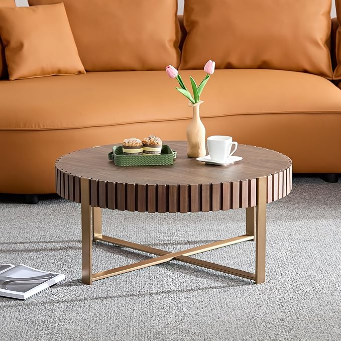 Walnut Round Coffee Table for Living Room, 31.5" Modern Handcraft Drum Coffee Table, Circle Wood Side Table End Table Accent Center Table, Small Coffee Table with Sturdy Pedestal, Walnut