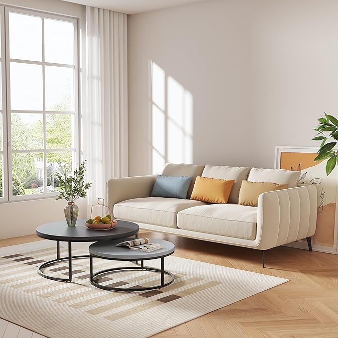 Round Nesting Coffee Table Set of 2, Modern Minimalist Accent Tables for Living Room, Bedroom, Office, Stackable Side Tables (Light & Dark Grey)