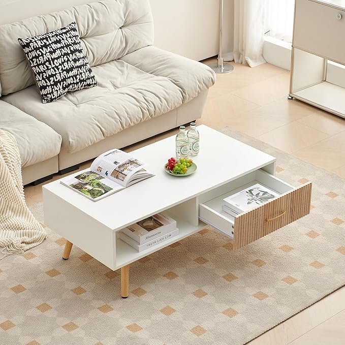 IANIYA Boho Coffee Table with Storage, Dining Table with Rattan Drawer and Solid Wood Legs, Small Center Tables for Living Room Small Space (White/Natural)