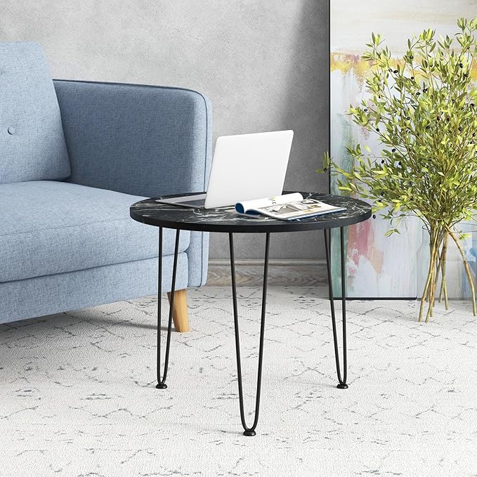 Giantex Round Coffee Table, Faux Marble Center Table with Metal Legs, Sofa Accent Side Table, Modren Coffee Tables for Living Room, Bedroom, Balcony, Small Space (Black)