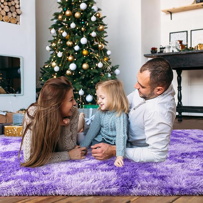 Ultra Fluffy Area Rugs for Living Room Bedroom, 6x9 Fuzzy Large Living Room Rugs, Thick Shag Rug for Dorm, Soft Non Slip Kids Girls Boys Rug for Home Decor Aesthetic, Tie-Dyed Purple