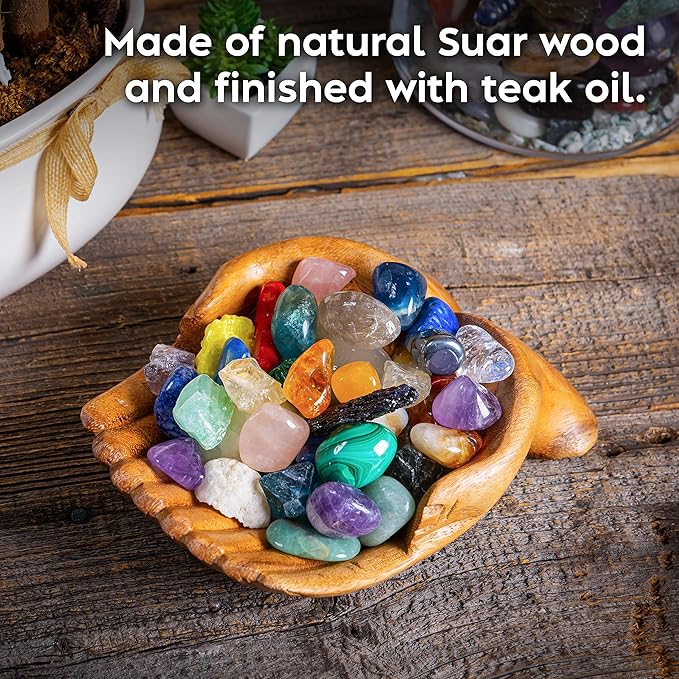 Curawood Carved Hands Offering Bowl - Crystal Holder for Stones, Rock Collection Holder, Crystal Display Storage Tray, Wooden Hands Bowl for Keys - Rock Display Case for Shelf, Stand, Altar Decor (M)