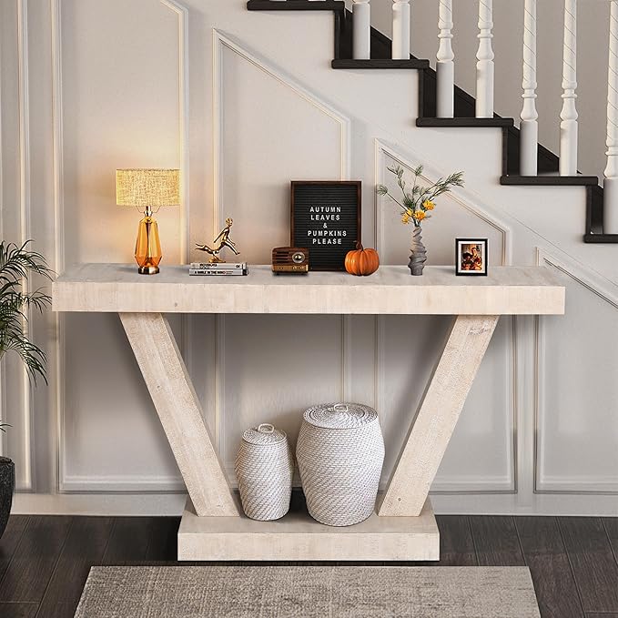 60" Wood Console Table for Entryway Bench with 2-Tier Veneer Storage Cabinet, Rustic Wide Design for Hallway, Living Room & Behind Sofa,Oak