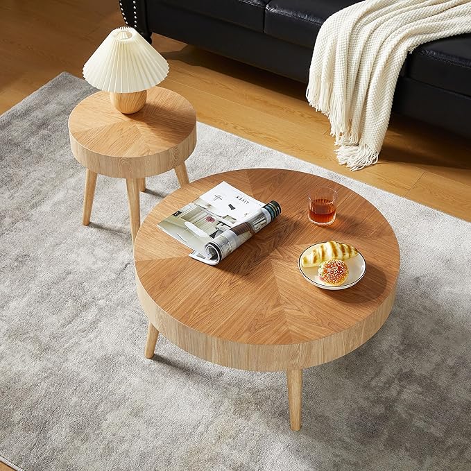 AVZEAR Nesting Round Coffee Table Set of 2, Farmhouse Modern Coffee Table, Natural Wood Nesting Tables Boho Side Table End Table Set for Living Room Bedroom, Cafe, Office, Wood Color