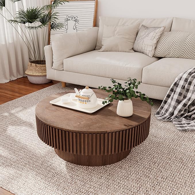 31.5 Inch Round Drum Coffee Table with Storage, Modern Handcraft Fluted Drum Coffee Table, Wooden Round Coffee Table Center Table with Sturdy Pedestal for Living Room Apartment (Walnut)