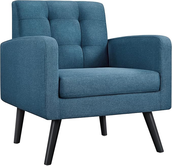 Yaheetech Mid-Century Accent Chairs, Modern Upholstered Living Room Chair, Cozy Armchair Button Tufted Back and Wood Legs for Bedroom/Office/Cafe, Navy Blue