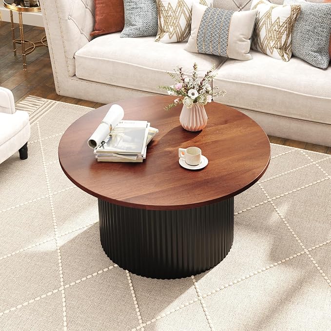 Giantex Round Coffee Table, 32" Wooden Accent Cocktail Tea Table with Solid Wood Veneered & Fluted Design, Mid Century Modern Center Table for Living Room, Black & Walnut