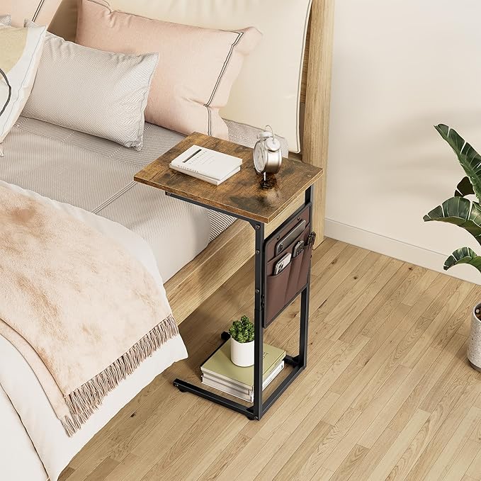 Vagusicc C Shaped End Table, Small Side Table for Couch, Tall Couch Side Table C Table for Small Space, TV Tray Slide Under Sofa Snack Table with Metal Frame for Living Room, Bedroom, Bedside, Brown