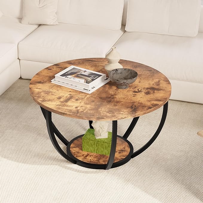 HOMERECOMMEND 28" Round Coffee Table with Storage,2-Tier Wood Accent Center Table for Living Room,Sofa Table for Home Office, Brown