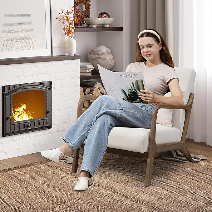 Modern Accent Chair, Cotton Linen Fabric Upholstered Lounge Armchair with Solid Wood Frame for Living Room, Bedroom, Reading Nook (White1)