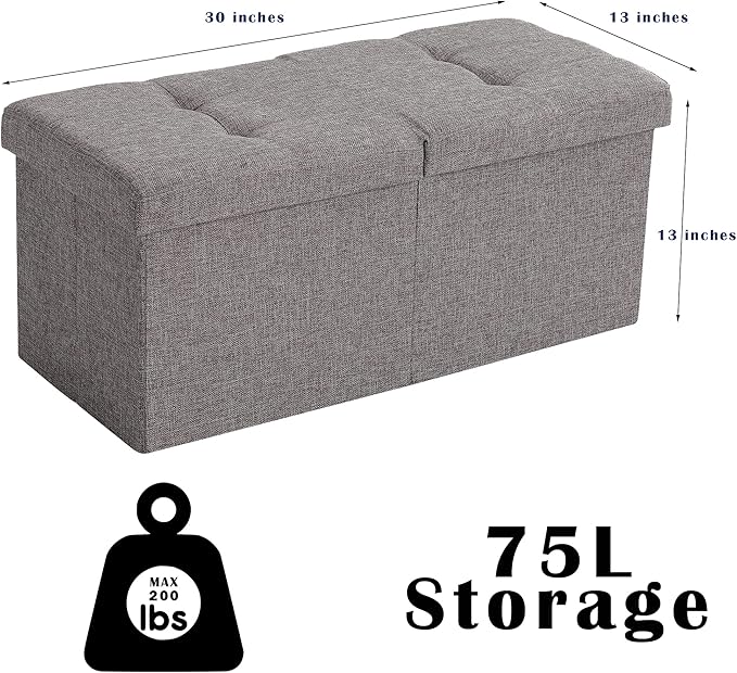 Cuyoca Foldable Seat Footrest Shoe Bench End of Bed Storage with Flipping Lid, 75L Storage Space, 30 inches Linen Fabric Grey