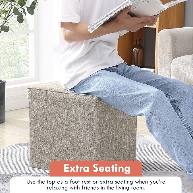 Ornavo Home Square Storage Ottoman Linen Foldable Tufted Cube Storage Ottoman Foot Rest Stool/Seat with Table Top Lid, Coffee Table Ottoman - 15" x 15" x 15" (Beige)