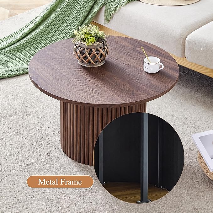 27.5" Modern Round Coffee Table with Storage, for Living Room, Circle Wood Accent Center Table for Apartment, Walnut