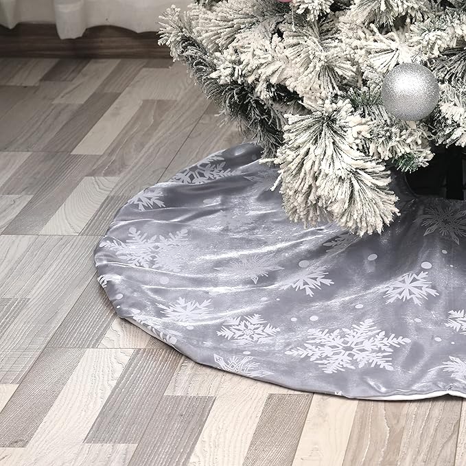 Flash World 36 Inch Large Christmas Tree Skirt Xmas Soft Cover Mat Decor Snowflake Collar Farmhouse Tree Skirt for Holiday Ornaments Party Home Indoor Decorations (Flocking Grey, 48INCH)