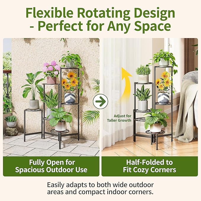 6 Tier Large Plant Stand Indoor with 7.9-Inch Wide Drainage Tray, Tiered Corner Metal Outdoor Flower Display Holder Shelf, Folding Tall Rack for House Patio Porch Balcony Graden - BlackS