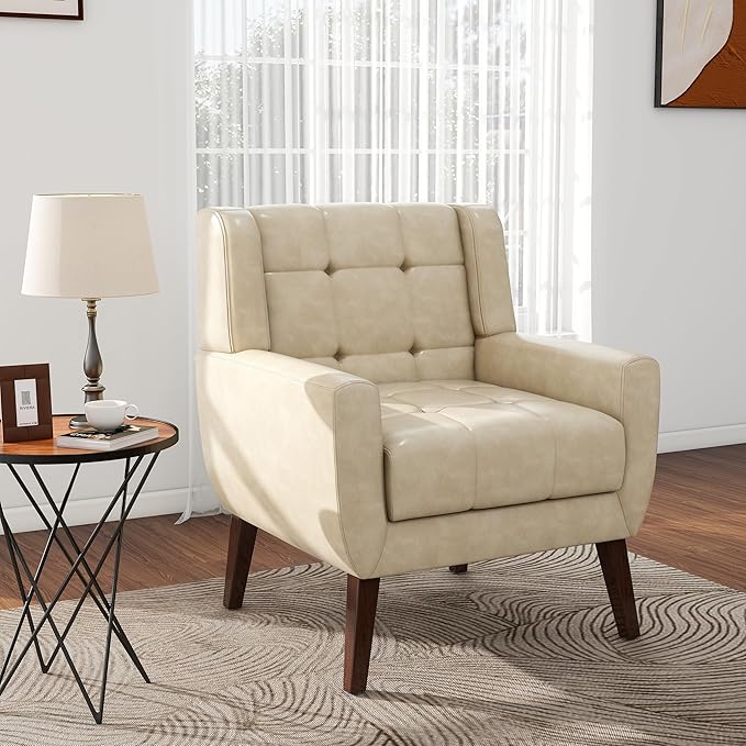 Pia Ricco 2 Pack Mid Century Modern Accent Chairs, Button Tufted Faux Leather Armchairs - Easy-Clean Matching Set for Living Room, Durable Sofa Chairs for Home Office & Lounge, Cream