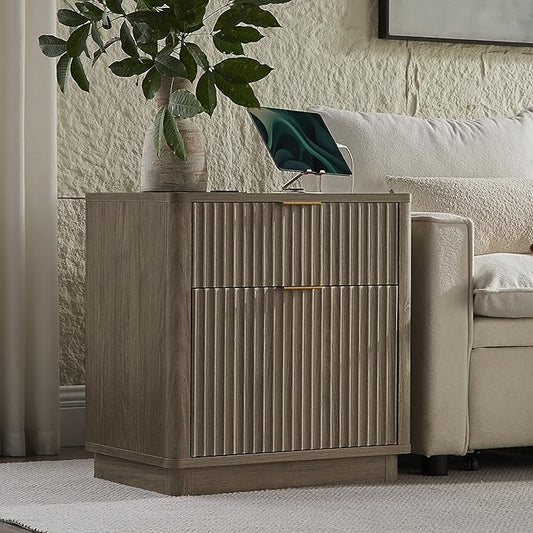 T4TREAM 23'' Fluted Nightstand with Charging Station, Large 2 Drawer Side Table, Modern End Table with Storage, Mid Century Bedside Table for Bedroom, Living Room, Curved Profile, Grey Alder