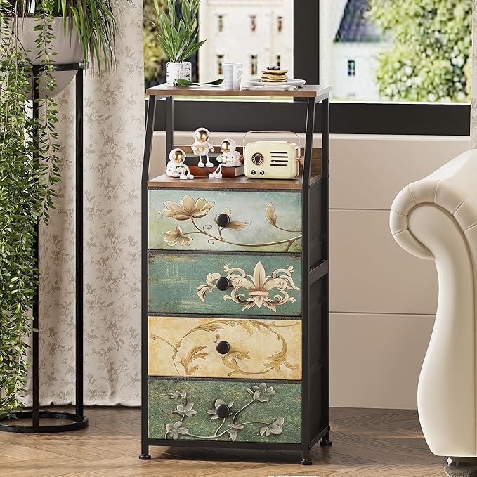 Tohomeor Dresser with Fabric Drawers Nightstand with 2 Tier Shelf Storage Tower for Bedroom Hallway Entryway Closet Organizer Sofa Beside Table Furniture (Multi, 4 Drawers)