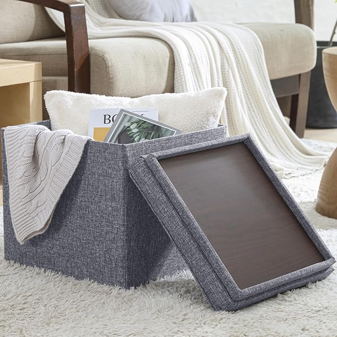 Ornavo Home Square Storage Ottoman Linen Foldable Tufted Cube Storage Ottoman Foot Rest Stool/Seat with Table Top Lid, Coffee Table Ottoman - 15" x 15" x 15" (Gray)