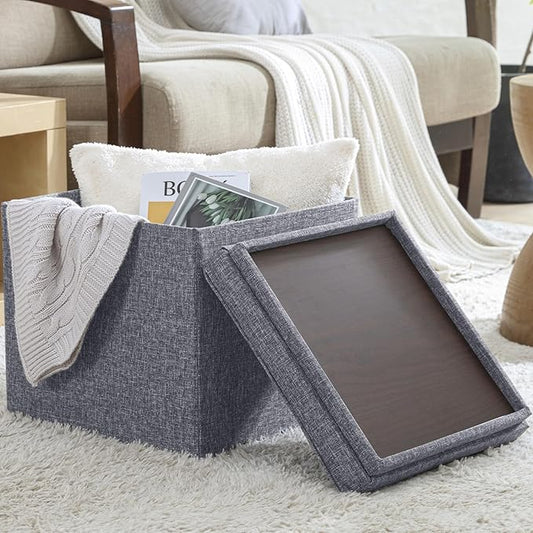 Ornavo Home Square Storage Ottoman Linen Foldable Tufted Cube Storage Ottoman Foot Rest Stool/Seat with Table Top Lid, Coffee Table Ottoman - 15" x 15" x 15" (Gray)
