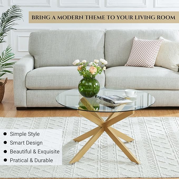 Round Glass Coffee Tables for Living Room, Home Office, Modern & Simple Center Table with Clear Tempered Glass Top, 35.5" Wx19.7 H Gold