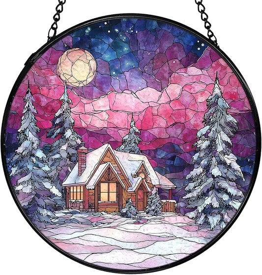 Winter Scene Christmas Suncatchers Stained Glass Window Hanging, Farmhouse Winter Landscape Sun Catchers Indoor Window Glass Round Wall Decor, Christmas Wall Hanging Decorations, 7.9x7.9in