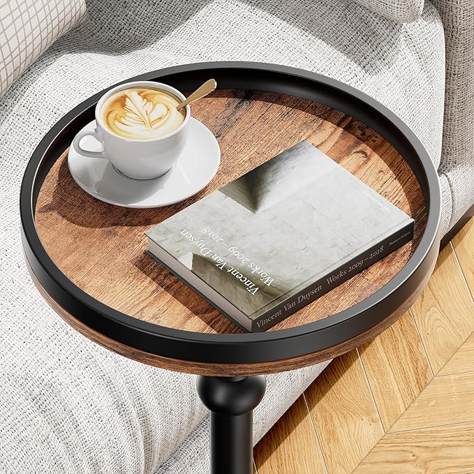 Small Round Side Table, Coffee Drink Table for Small Spaces, Modern Night Stand with Metal Leg, Weighted Iron Base Pedestal Round End Tables for Living Room, Bedroom, Narrow Corners,Sofa Couch