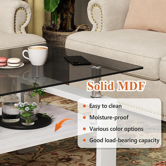 Modern 2-Tier Coffee Table with Tempered Glass Top, MDF Shelf & Metal Legs, Rectangular Living Room Center Table, Sturdy & Stylish Table for Small Spaces, Lounge or Office