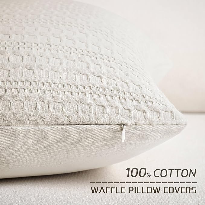 ZeeMart 100% Cotton Waffle Textured Throw Pillow Covers Set of 2, 16x16 Inch Ecru, Soft Farmhouse Decorative Couch Pillow Cases Beige Cushion Covers for Sofa Bed Living Room Home Decor
