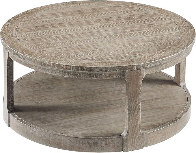 40inch Large Curved 2 Tier Traditional Round Circle Wooden Center Coffee Table,Rounded Table with Wheels,Farmhouse Rustic Style Table for living Room,Office,Apartment,Light Brown(ø40'' x 17.52'')