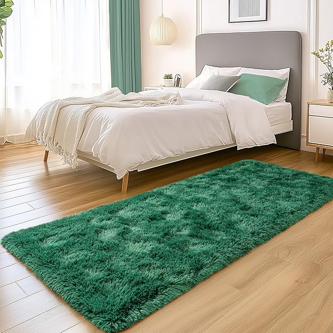 Fluffy Runner Rugs for Bedroom Hallways, 2x6 Runners for Hallways Fluffy Shag Throw Area Rug Non Slip for Bedside Dorm, Shag Rugs for Girls Boys Bedroom, Floor Carpet Runner for Kids Dorm, Dark Green