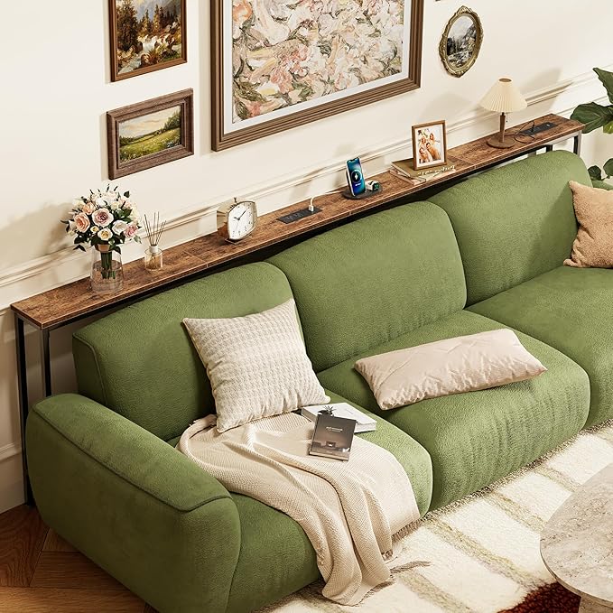 SUPERJARE 102.4 Inch Sofa Table with Power Outlets and USB-C Ports, 5.9 Inch Narrow Console Tables, Entryway Hallway Couch Tables with Storage, Behind Sofa, Small Spaces, Living Room, Rusitc Brown