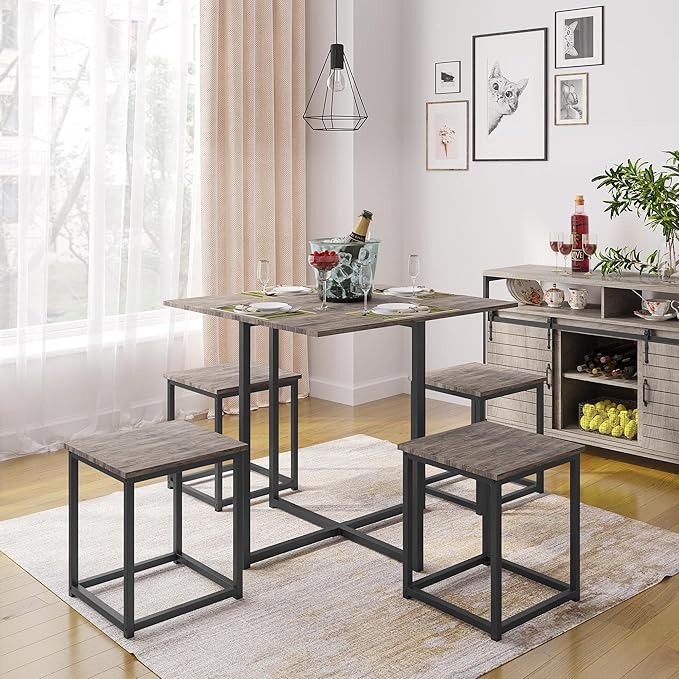 Yaheetech Industrial Dining Table Set for 4 Compact Kitchen Table and 4 Stools, Space-Saving Design for Apartment, Small Space, Breakfast Nook, Drift Brown