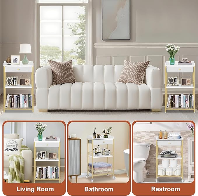 Small Side Table with Storage Basket, Narrow End Table with Drawer, 4-Tier Bathroom Storage Shelves with Optional Wheels, Tall Nightstand for Dorm, Living Room, Bedroom, Gold & White
