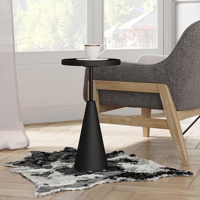 COZAYH Modern Round End Table with Raised Edge Tray Top, Wooden Pedestal Side Table with Rubber Wood Base for Living Room, Entryway, Office (Black)