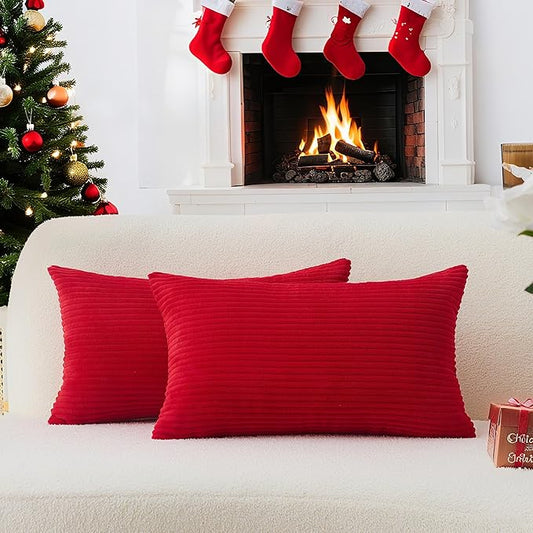 Home Brilliant Red Pillow Covers 12x20 Throw Pillows for Couch Pack of 2 Striped Corduroy Lumbar Rectangle Indoor Pillow Cover Holiday Bench Sofa Couch Christmas, 12 x 20 inch, Red