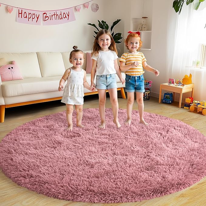 Round Fluffy Rugs 5Ft for Girls Bedroom, Blush Pink Shag Circle Kids Rug Non-Slip for Bedside Dorm Nursery Playroom, Soft Cute Area Rugs for Living Room Decor