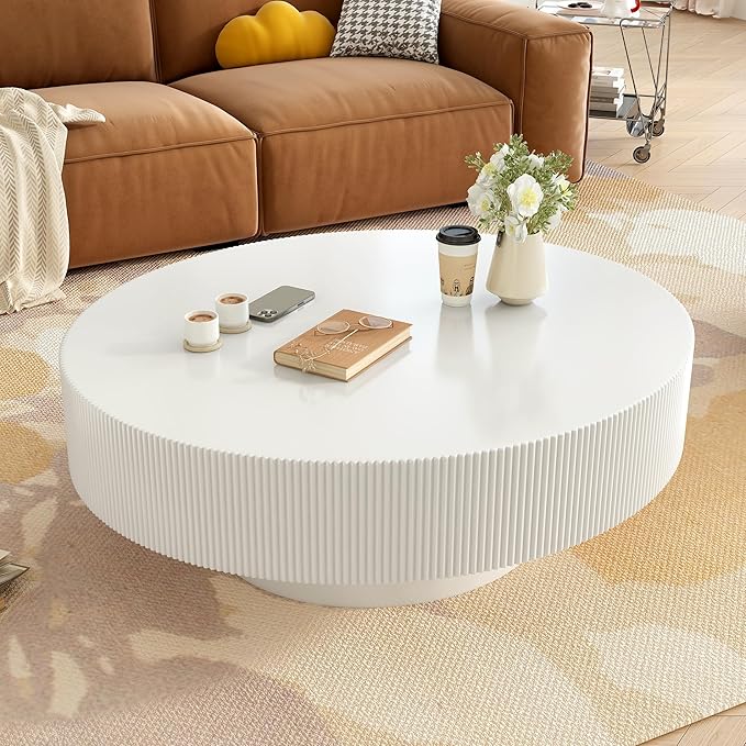 31.5" Round Coffee Table Modern Wooden Coffee Tables for Living Room White Circle Drum Coffee Table with Sturdy Pedesta Circular Fluted Center Table for Apartment Living Room