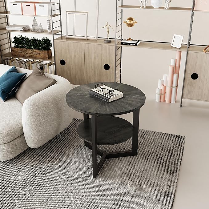 LEEMTORIG Round Side Table, Large 2-Tier End Table Nightstand with Metal Legs, Modern Bedside Couch Table for Living Room, Bedroom, Office, Rustic Black/Black, 25.2 x 25.2 x 24 inches CJZ-1338-BK